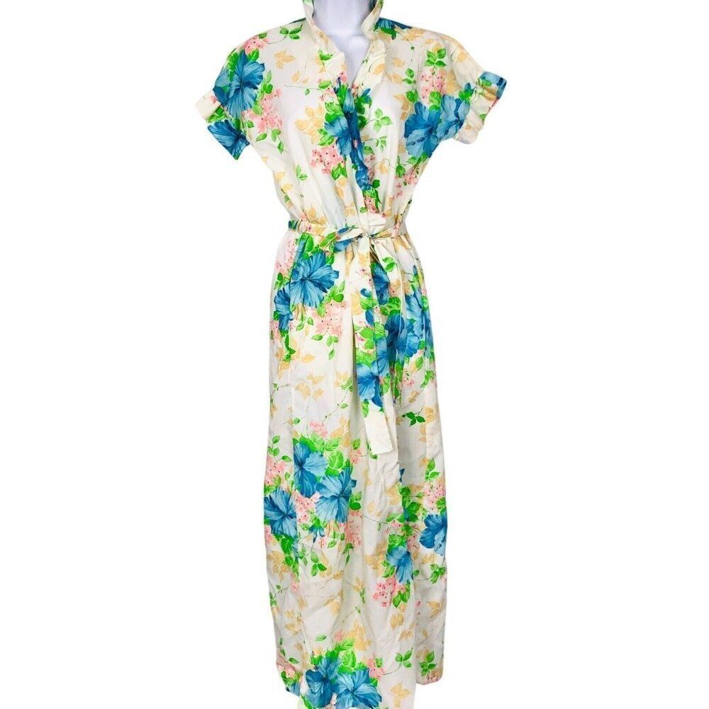 Vintage 70s Robe Womens S White Blue Floral Ruffle Tie Short Sleeve